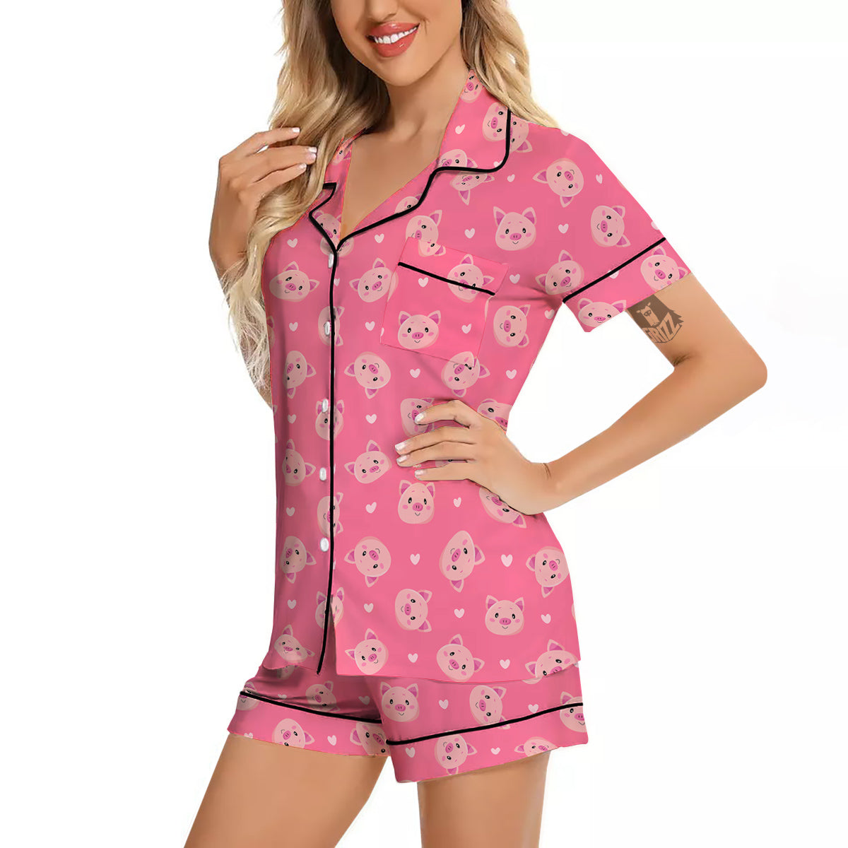 Pig Cute Cartoon Print Pattern Women Silk Pajamas-grizzshop