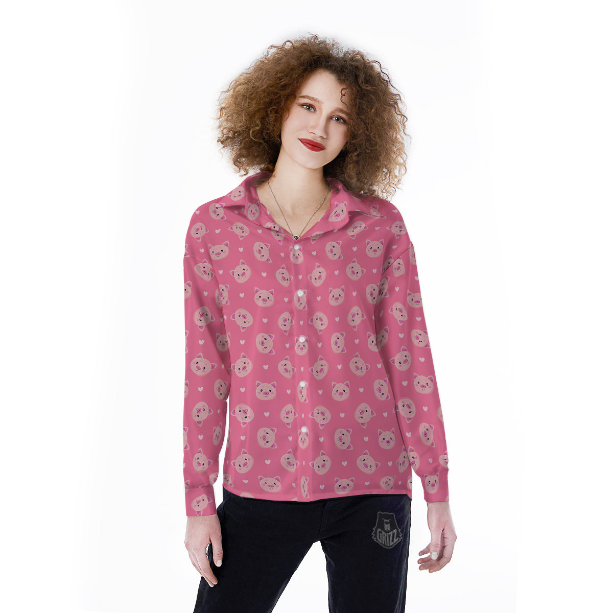 Pig Cute Cartoon Print Pattern Women's Long Sleeve Shirts-grizzshop