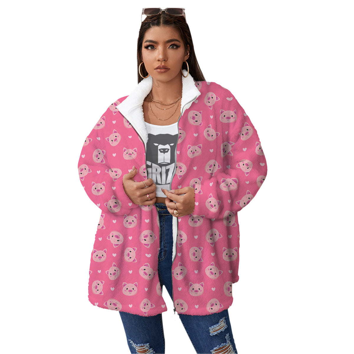 Pig Cute Cartoon Print Pattern Women's Sherpa Jacket-grizzshop