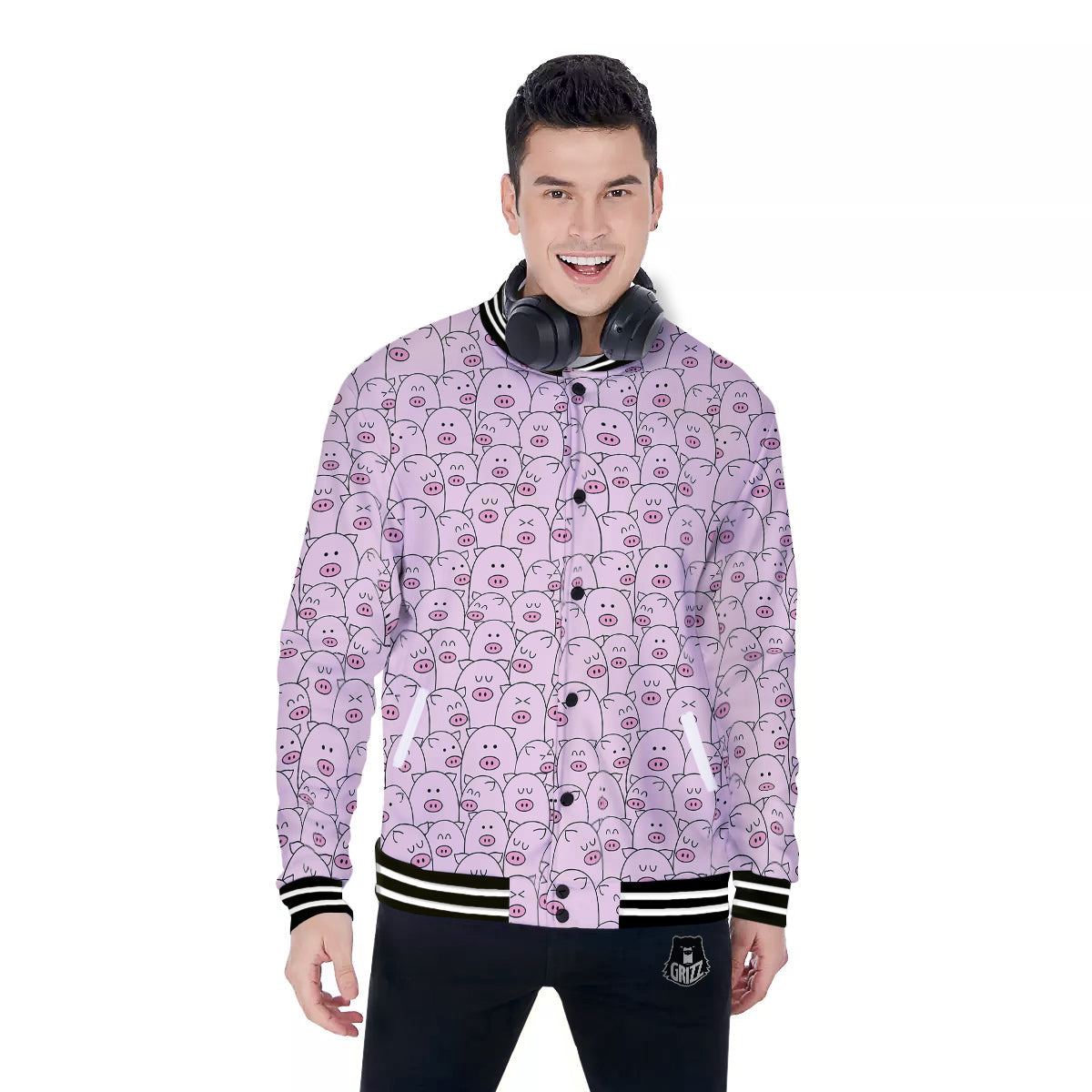 Pig Cute Pink Print Pattern Baseball Jacket-grizzshop