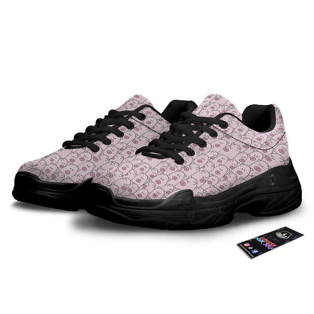 Pig Cute Pink Print Pattern Black Chunky Shoes-grizzshop