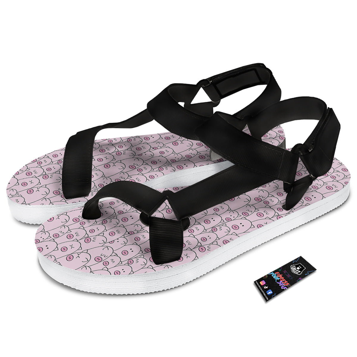 Pig Cute Pink Print Pattern Black Open Toe Sandals-grizzshop