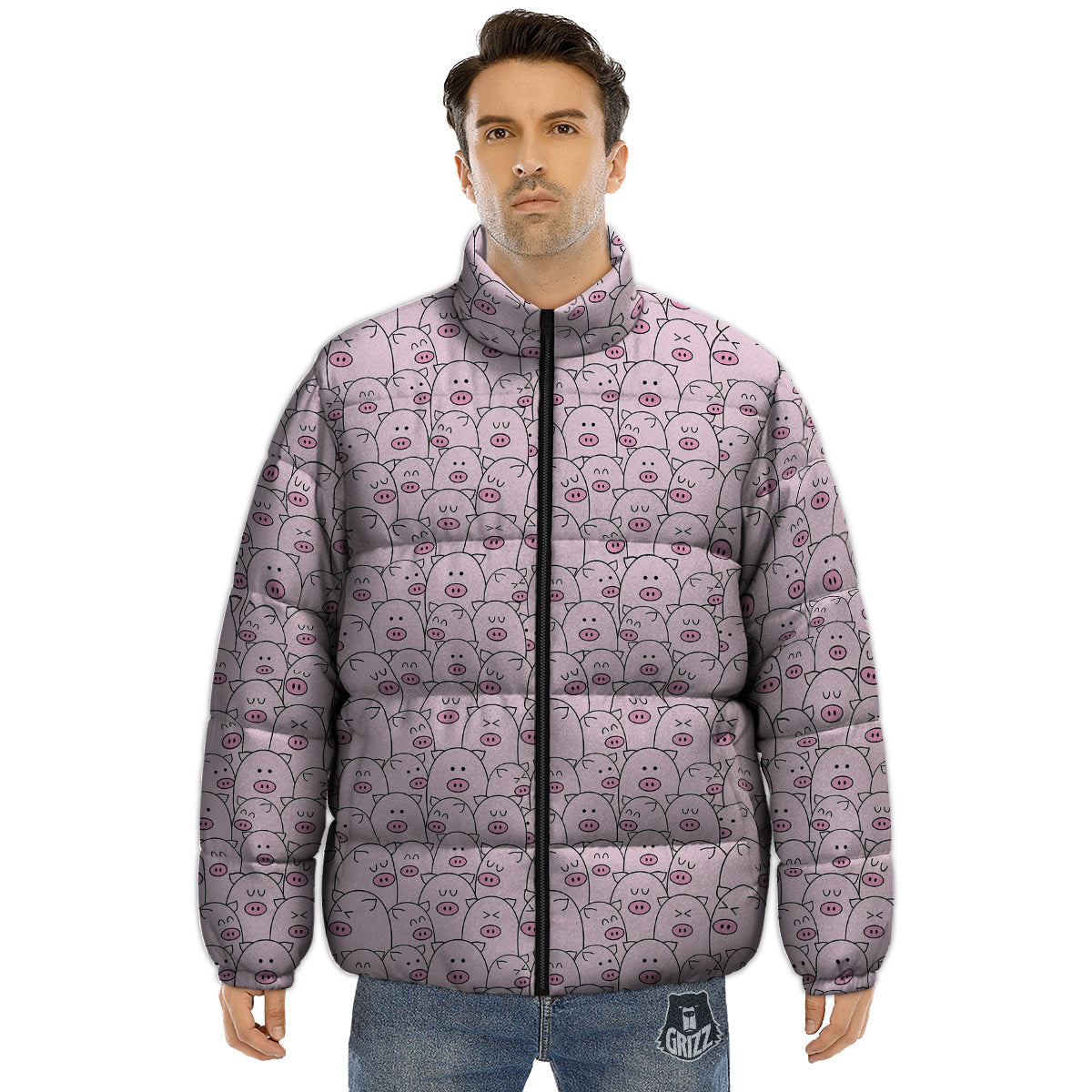 Pig Cute Pink Print Pattern Puffer Jacket-grizzshop