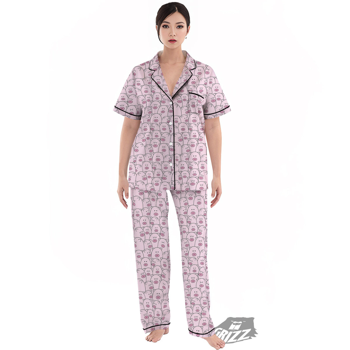 Pig Cute Pink Print Pattern Women's Pajamas Set-grizzshop
