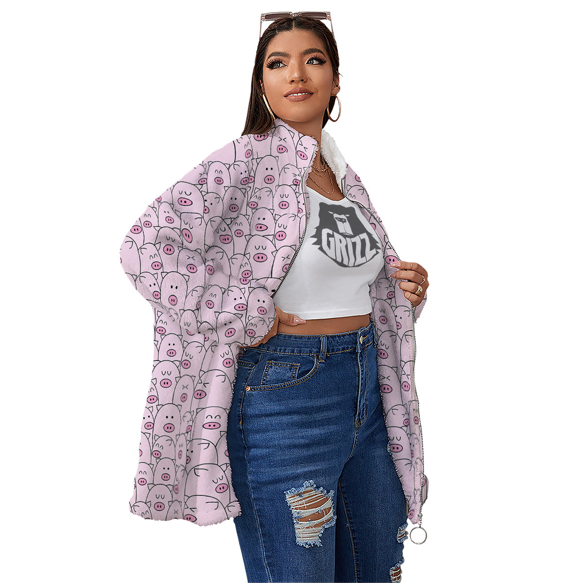 Pig Cute Pink Print Pattern Women's Sherpa Jacket-grizzshop