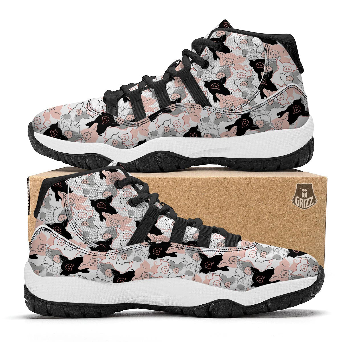 Pig Hand Drawn Pattern Print Black Bball Shoes-grizzshop