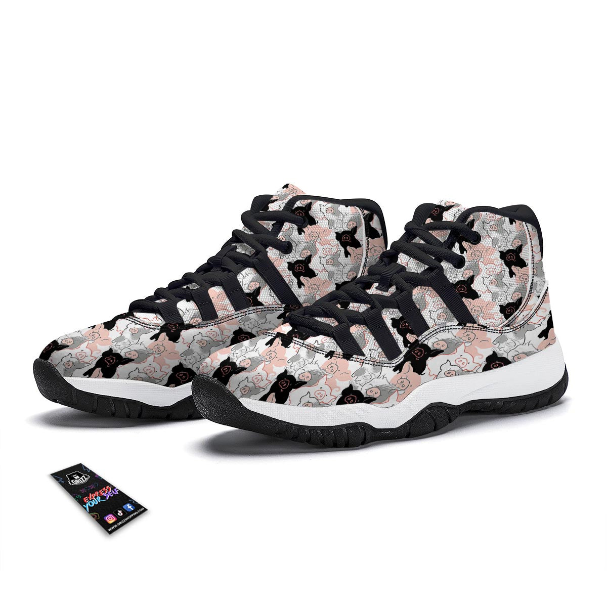 Pig Hand Drawn Pattern Print Black Bball Shoes-grizzshop