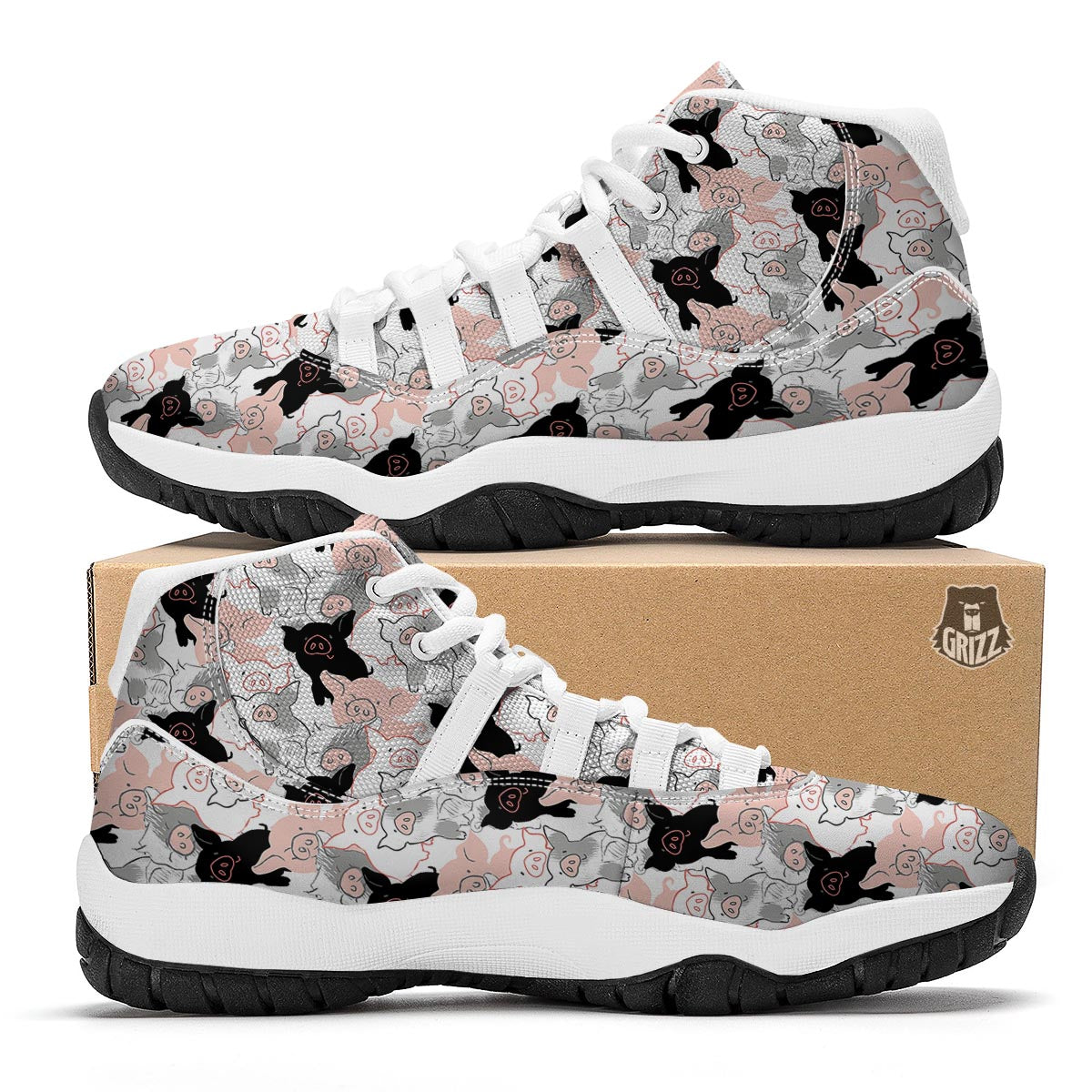 Pig Hand Drawn Pattern Print White Bball Shoes-grizzshop