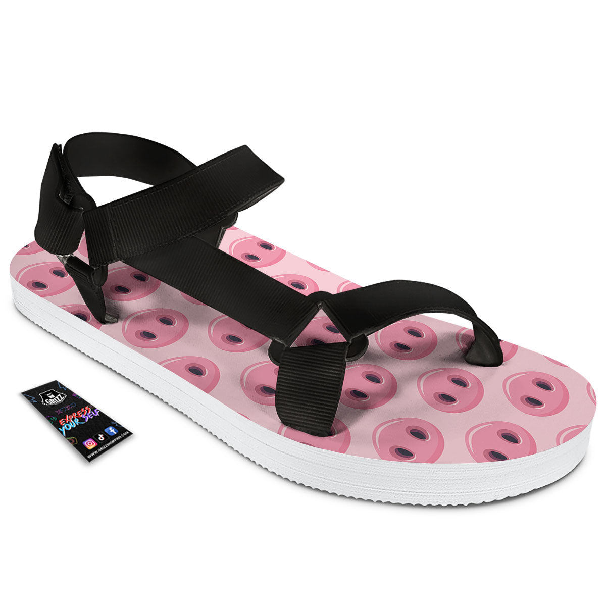 Pig Nose Pink Print Pattern Black Open Toe Sandals-grizzshop