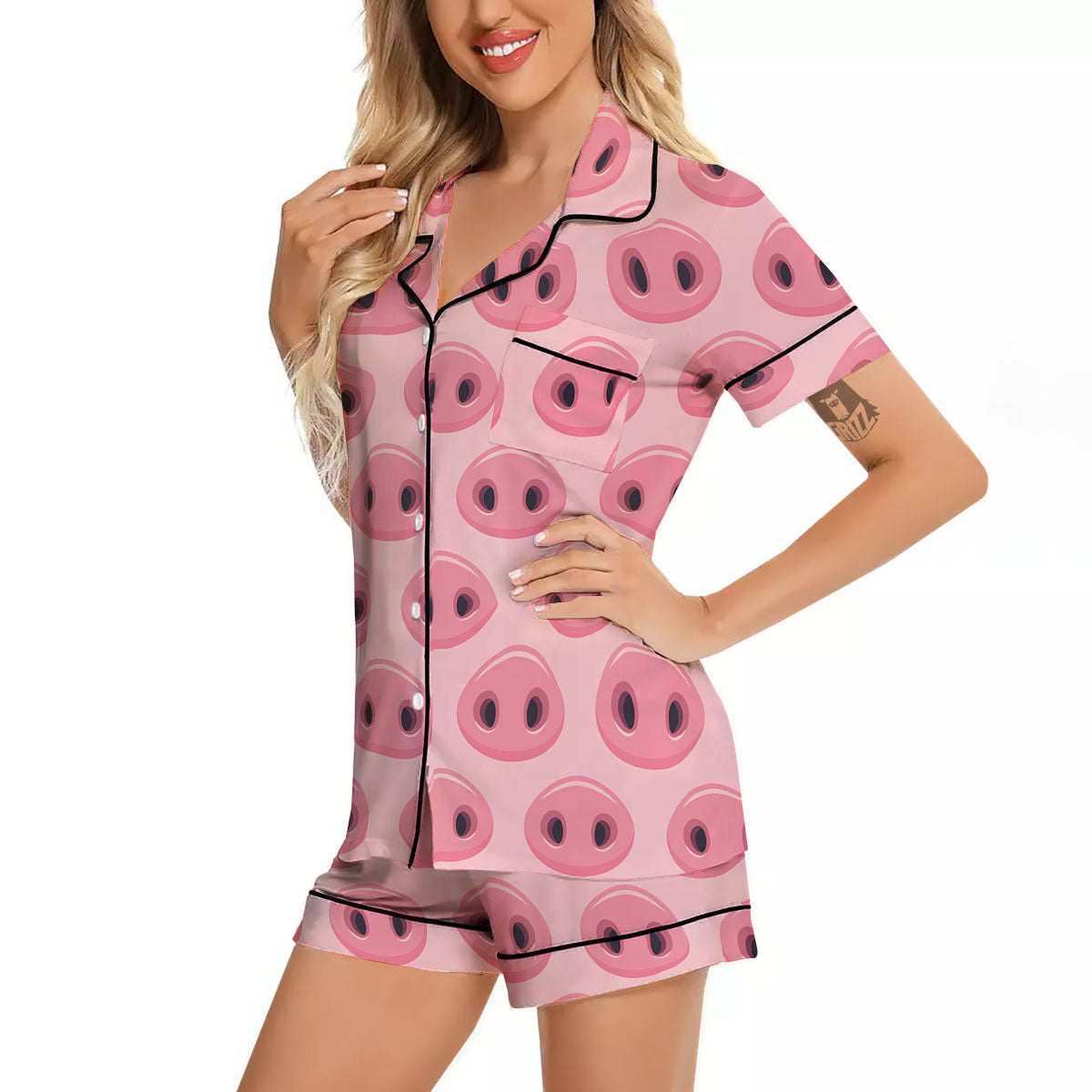 Pig Nose Pink Print Pattern Women Silk Pajamas-grizzshop