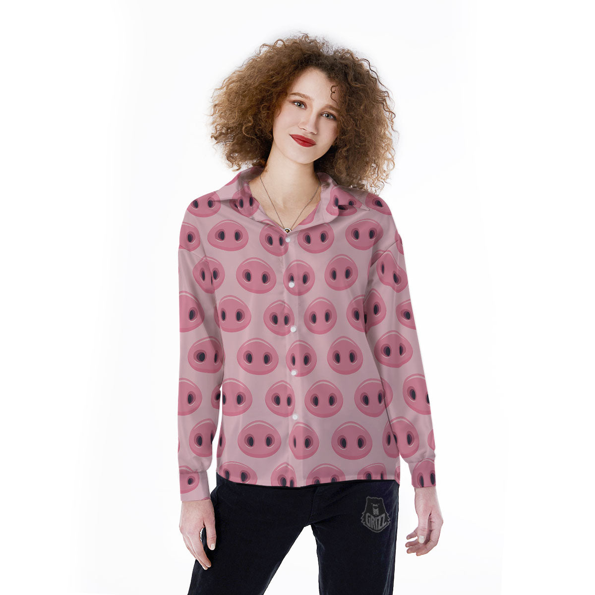Pig Nose Pink Print Pattern Women's Long Sleeve Shirts-grizzshop