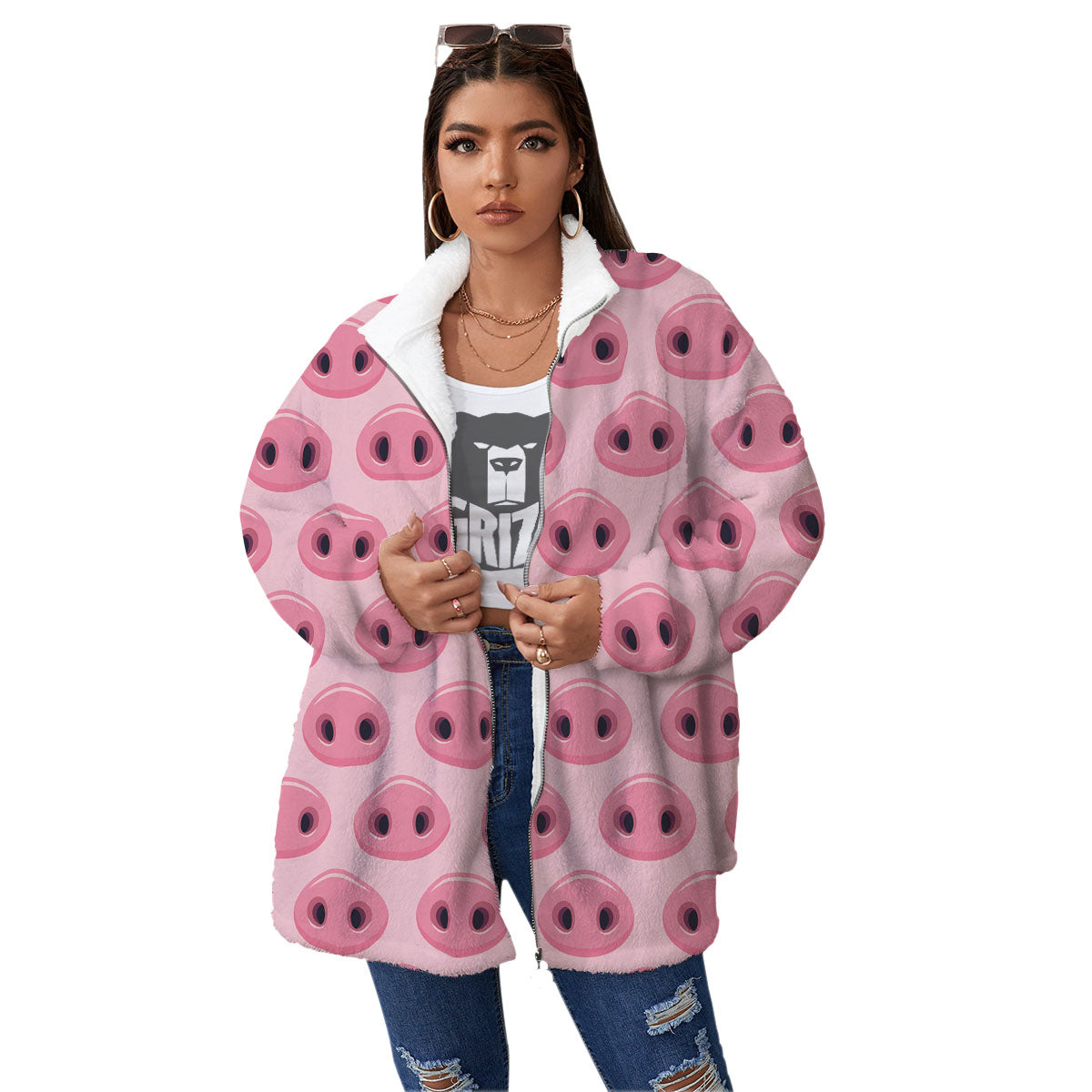 Pig Nose Pink Print Pattern Women's Sherpa Jacket-grizzshop