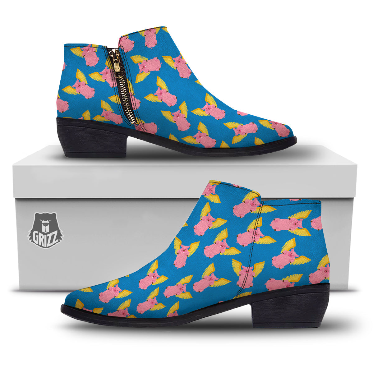 Pig Pink Vintage Print Pattern Ankle Boots-grizzshop