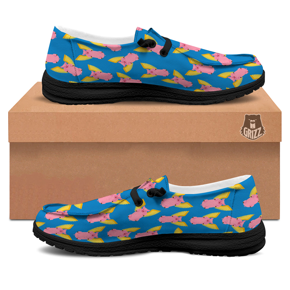 Pig Pink Vintage Print Pattern Black Loafers-grizzshop