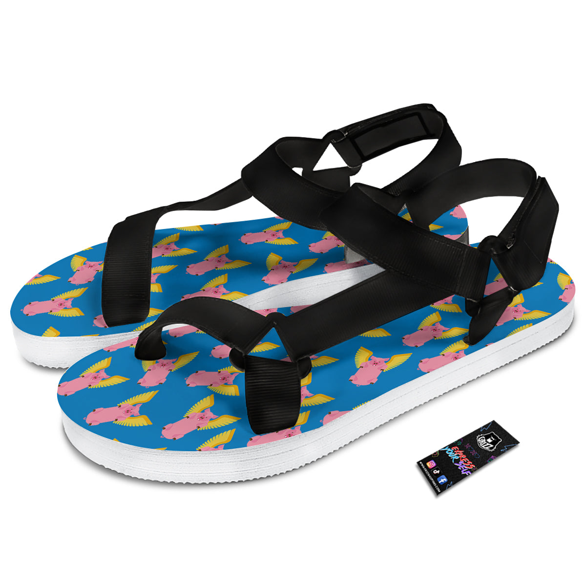 Pig Pink Vintage Print Pattern Black Open Toe Sandals-grizzshop