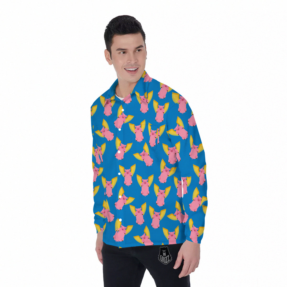 Pig Pink Vintage Print Pattern Men's Long Sleeve Shirts-grizzshop
