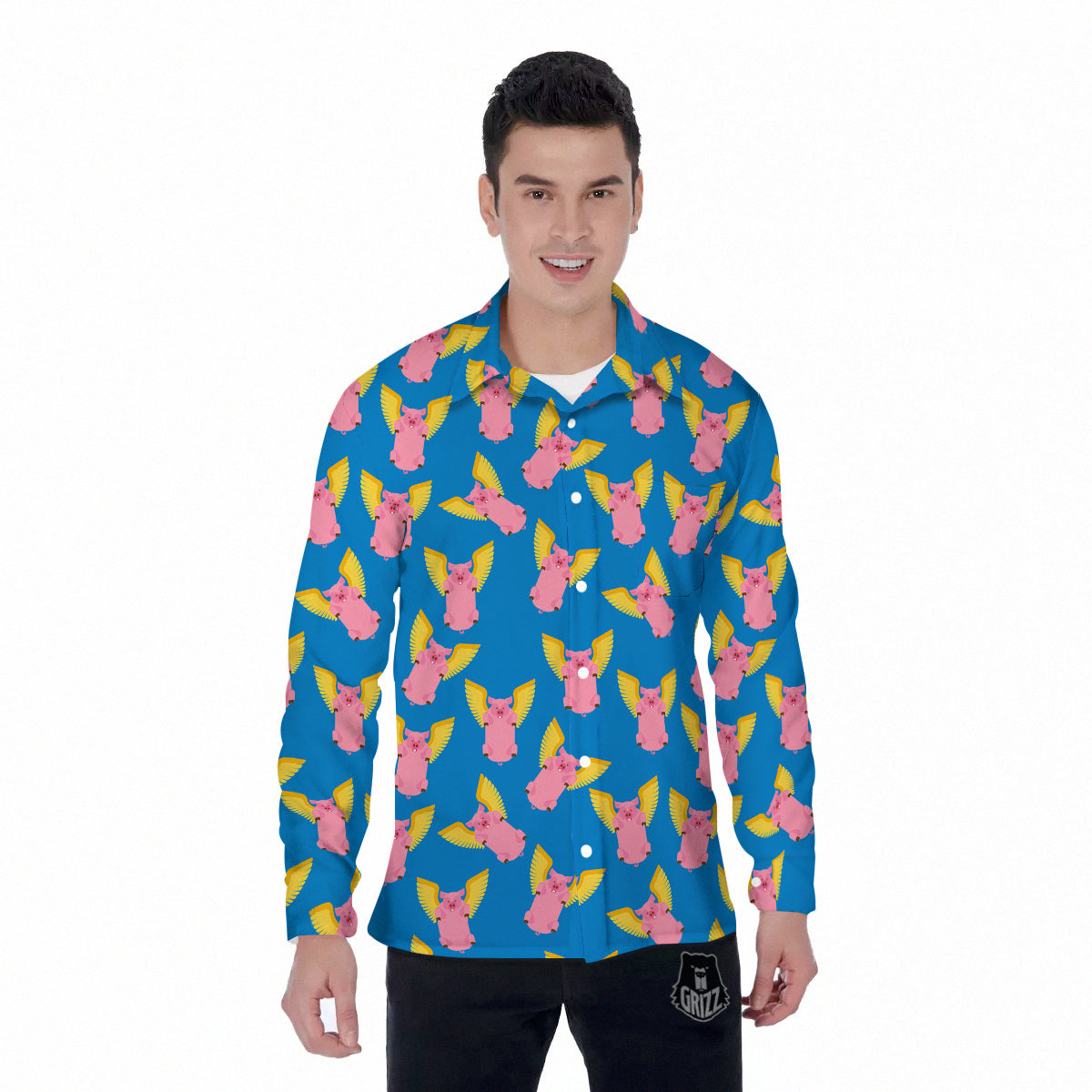 Pig Pink Vintage Print Pattern Men's Long Sleeve Shirts-grizzshop