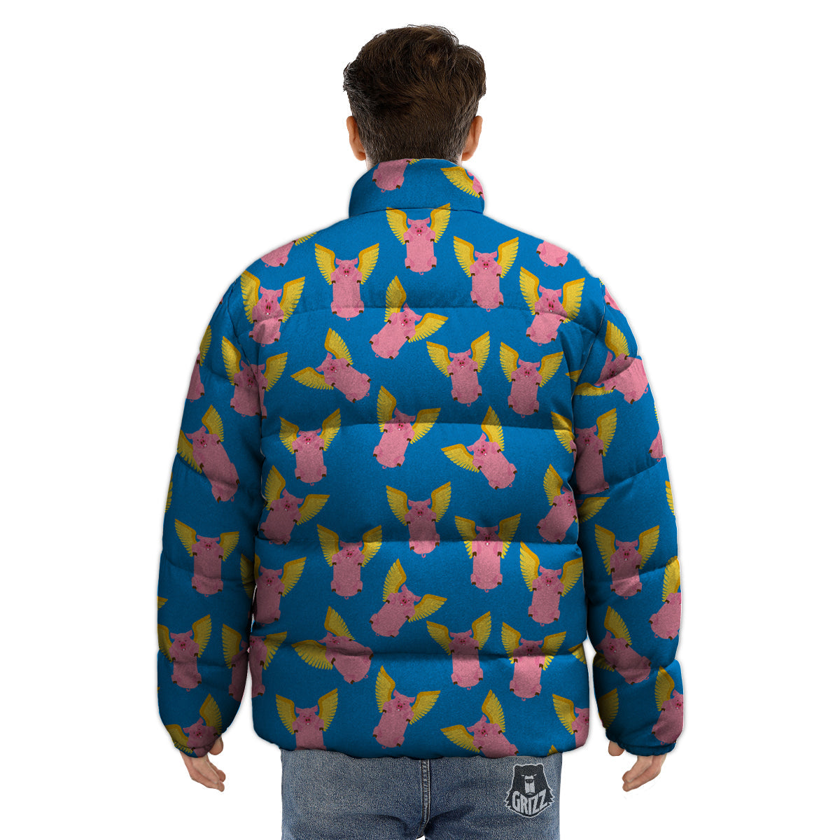 Pig Pink Vintage Print Pattern Puffer Jacket-grizzshop
