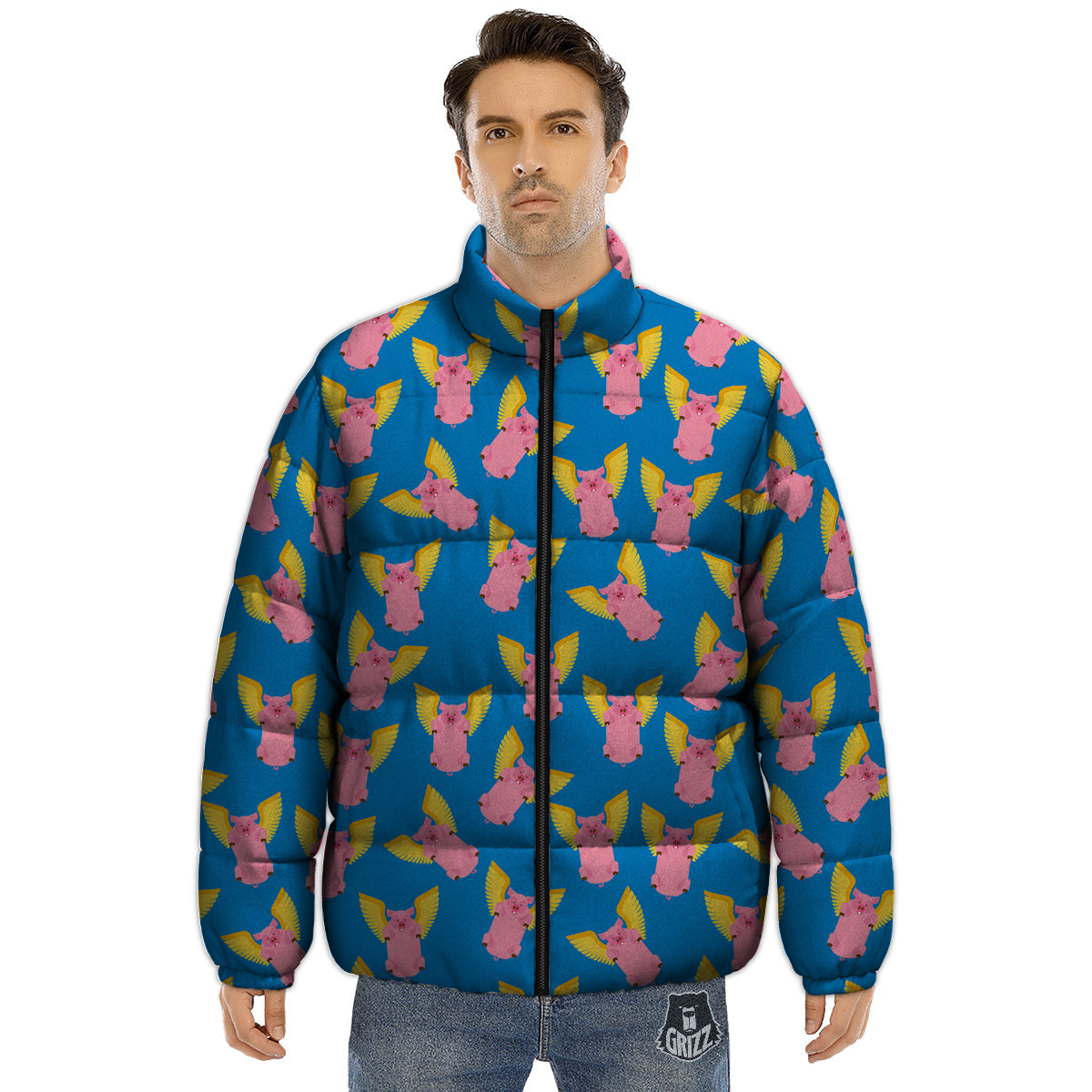 Pig Pink Vintage Print Pattern Puffer Jacket-grizzshop