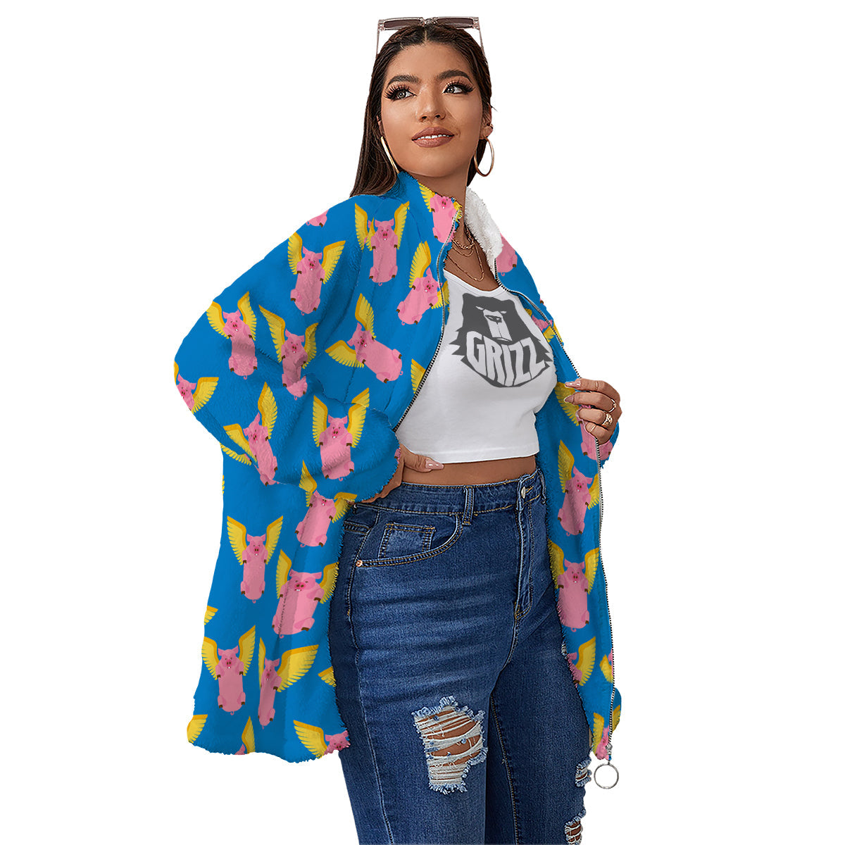 Pig Pink Vintage Print Pattern Women's Sherpa Jacket-grizzshop