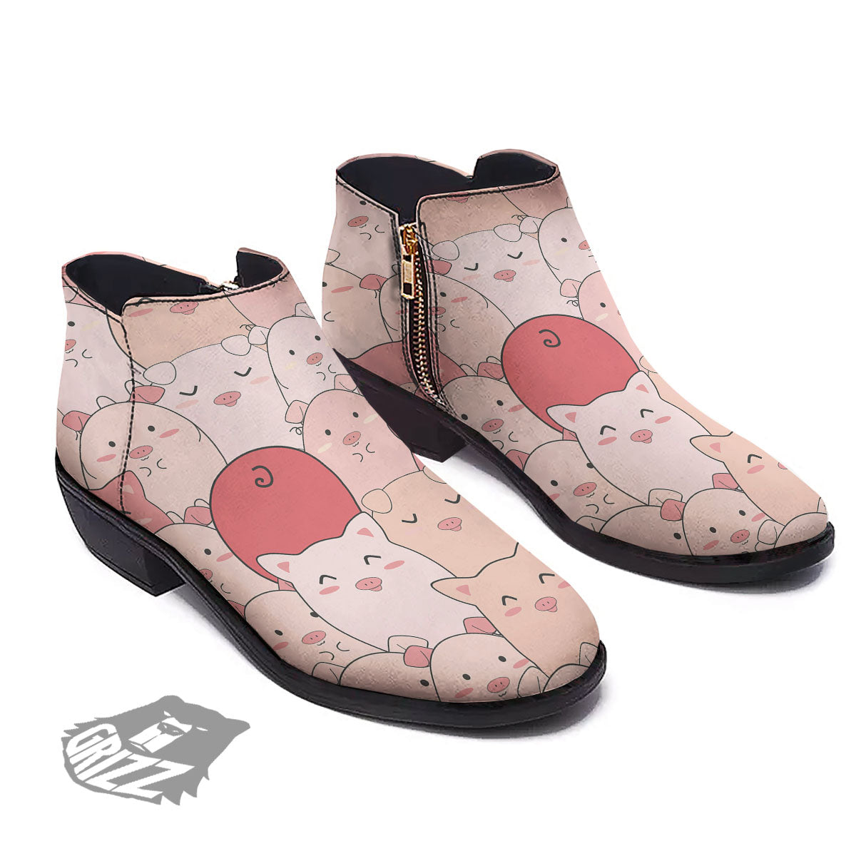 Pig Tail Pink Print Ankle Boots-grizzshop