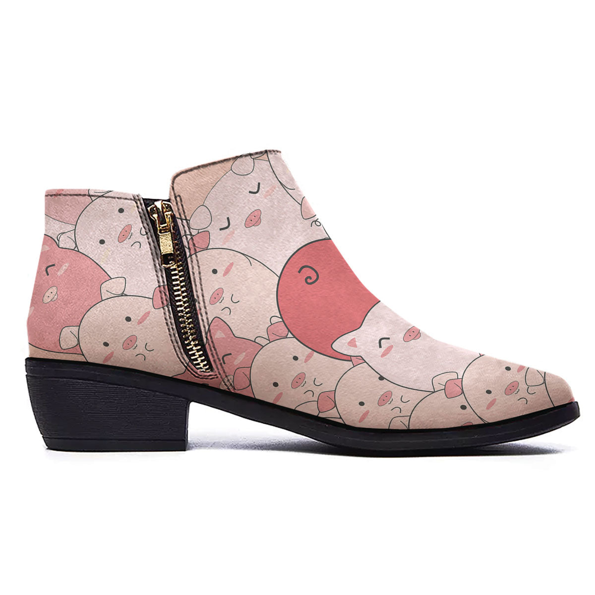 Pig Tail Pink Print Ankle Boots-grizzshop