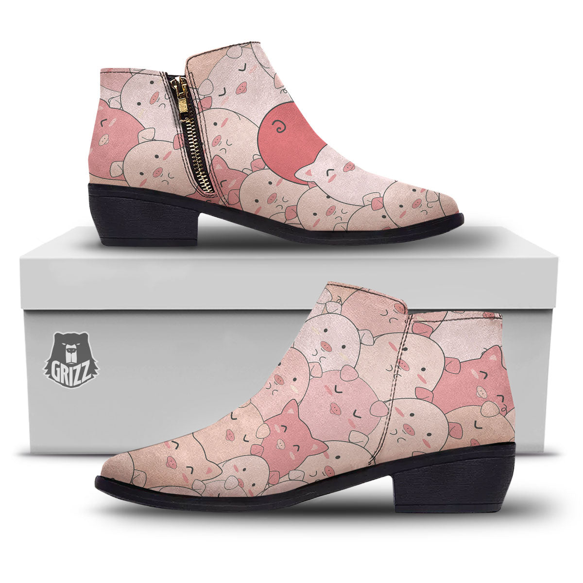 Pig Tail Pink Print Ankle Boots-grizzshop
