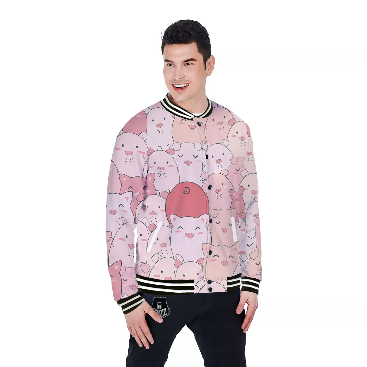 Pig Tail Pink Print Baseball Jacket-grizzshop