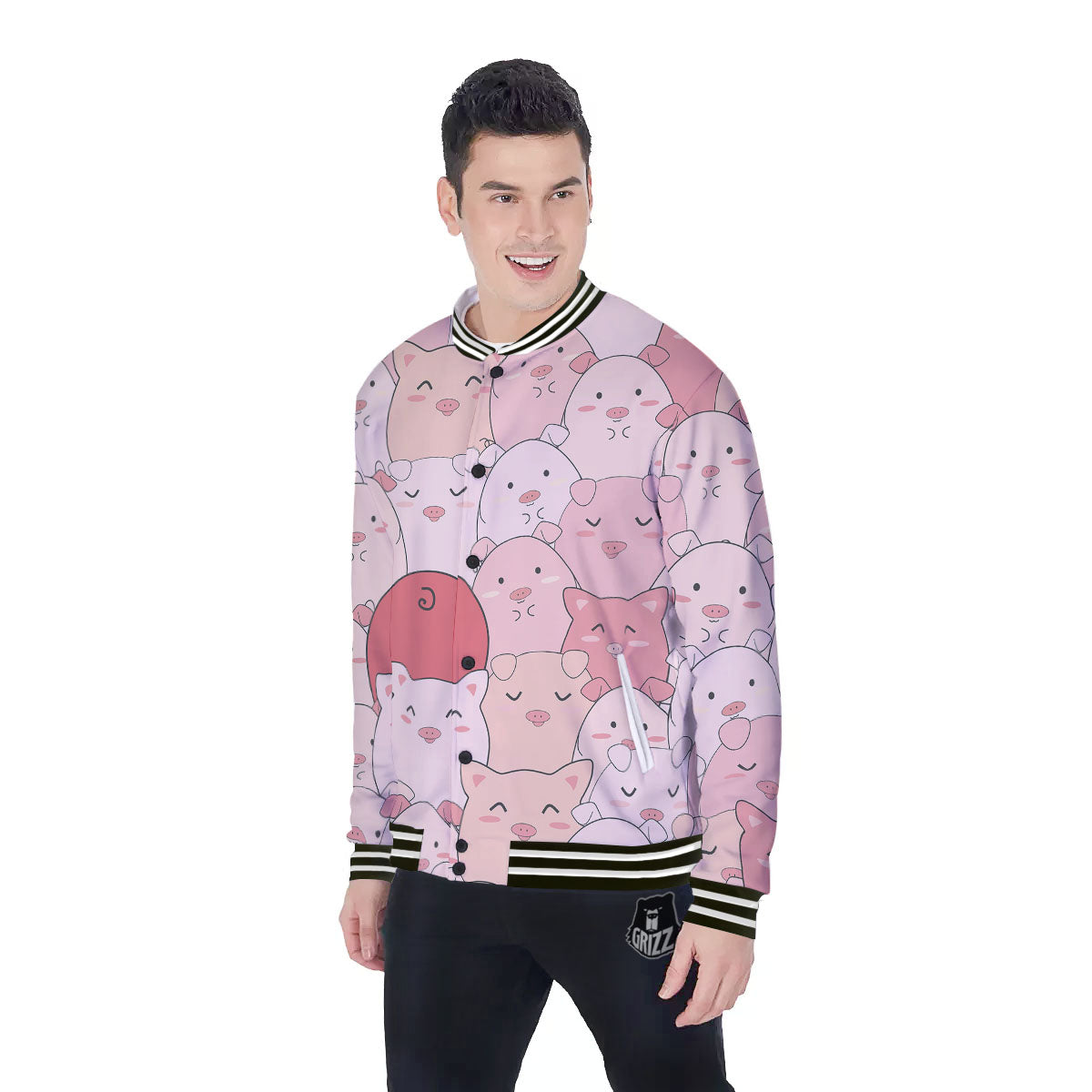 Pig Tail Pink Print Baseball Jacket-grizzshop