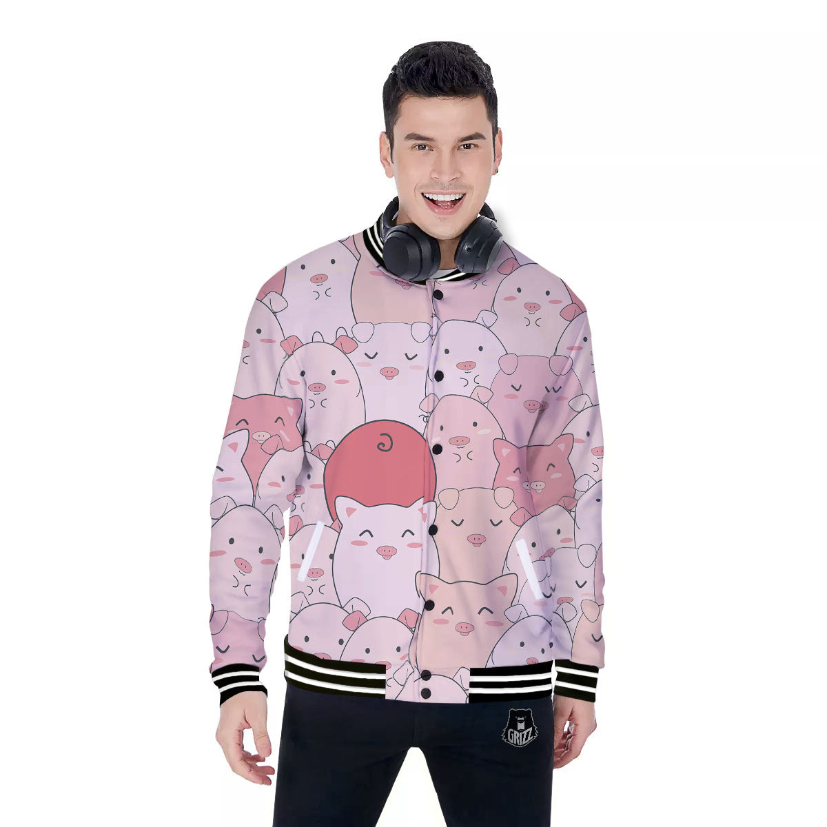 Pig Tail Pink Print Baseball Jacket-grizzshop