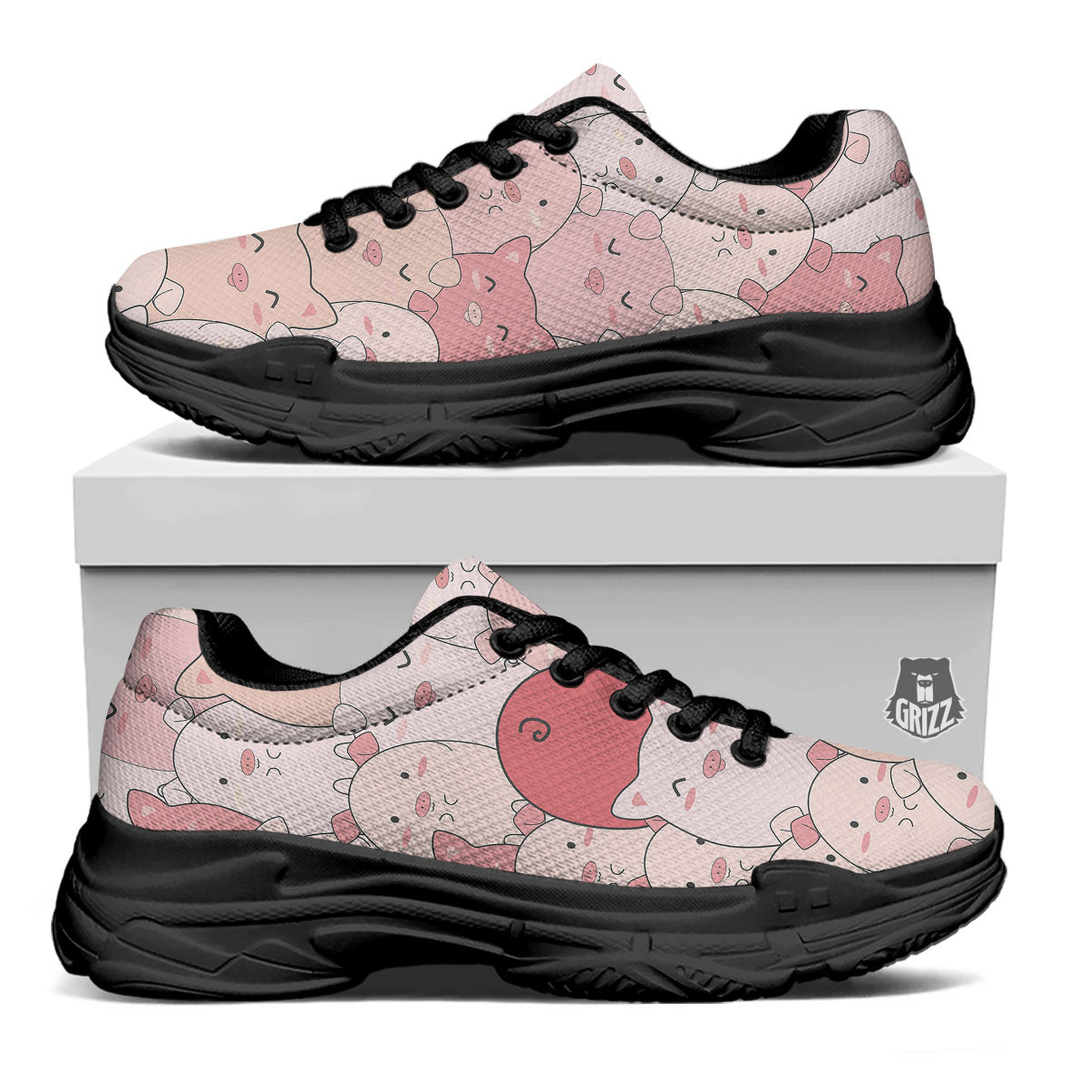 Pig Tail Pink Print Black Chunky Shoes-grizzshop