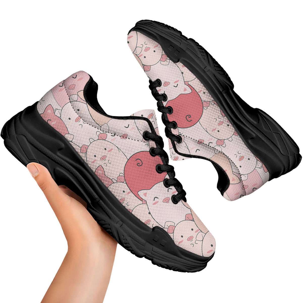 Pig Tail Pink Print Black Chunky Shoes-grizzshop