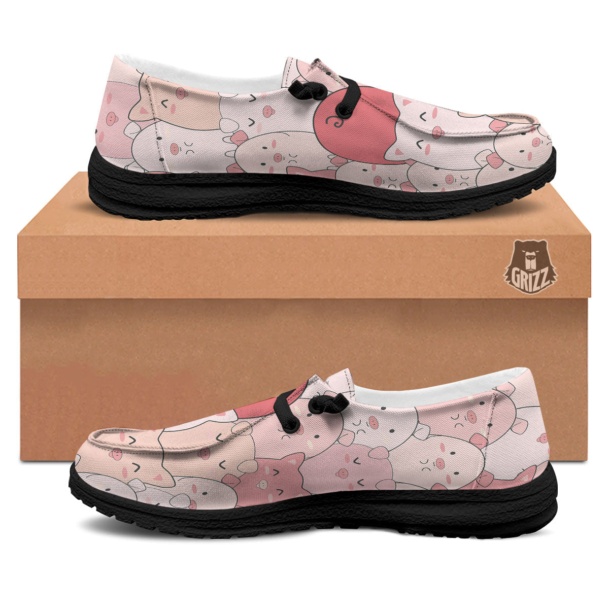 Pig Tail Pink Print Black Loafers-grizzshop