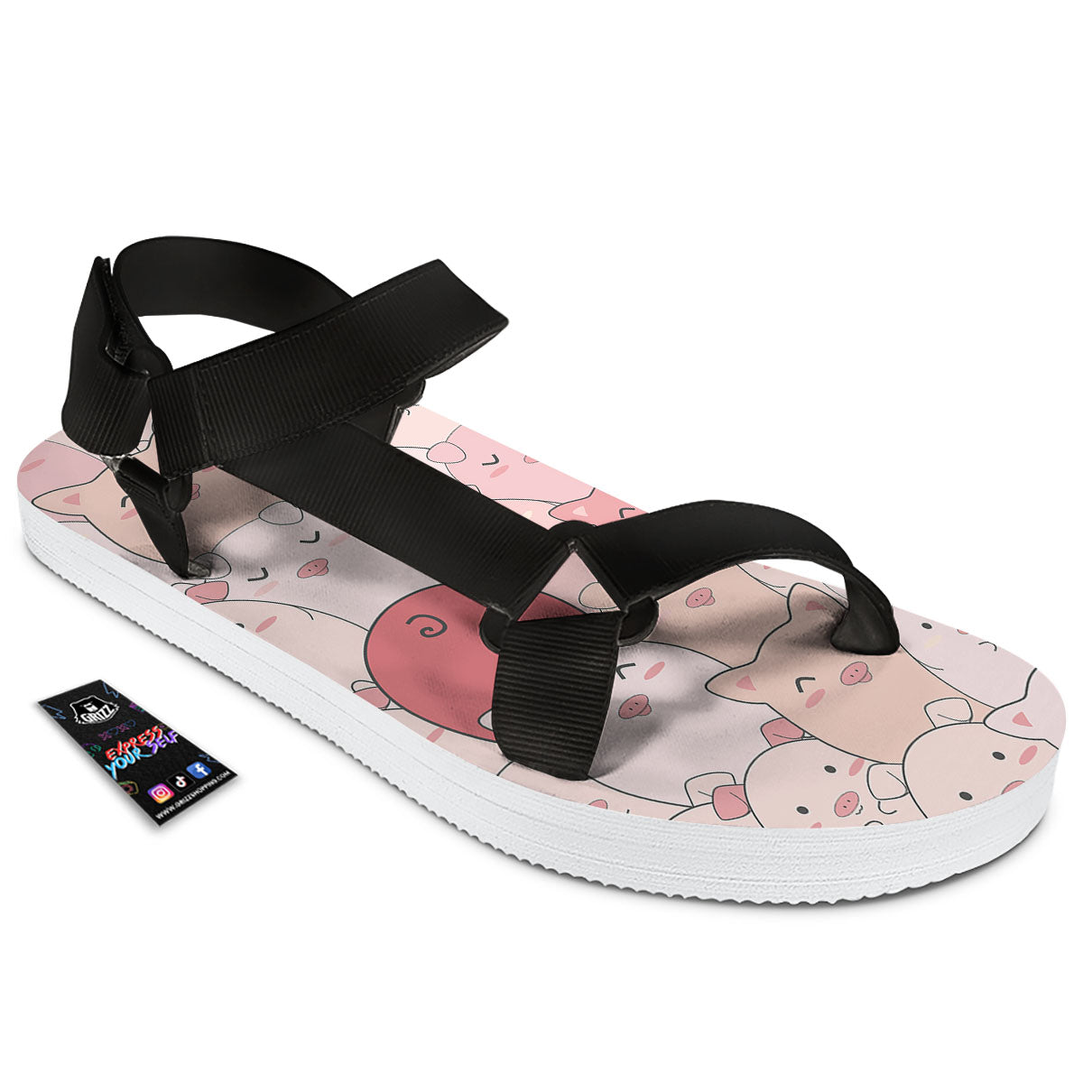 Pig Tail Pink Print Black Open Toe Sandals-grizzshop