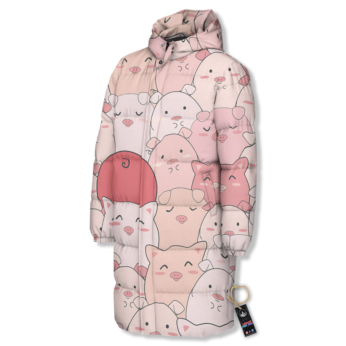Pig Tail Pink Print Long Down Jacket-grizzshop