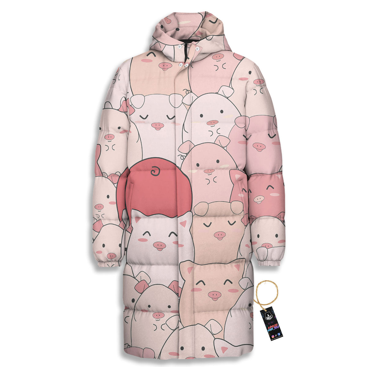 Pig Tail Pink Print Long Down Jacket-grizzshop