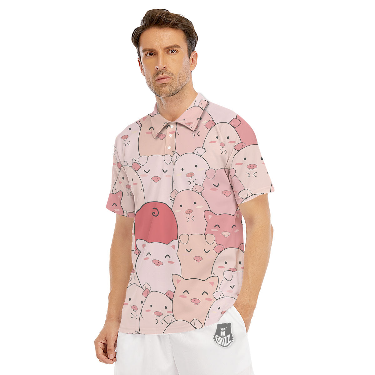 Pig Tail Pink Print Men's Golf Shirts-grizzshop