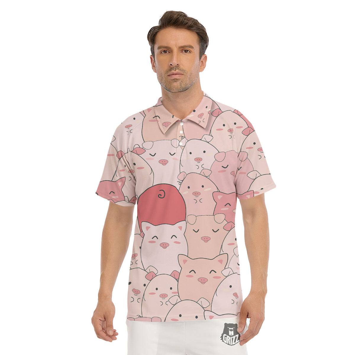 Pig Tail Pink Print Men's Golf Shirts-grizzshop
