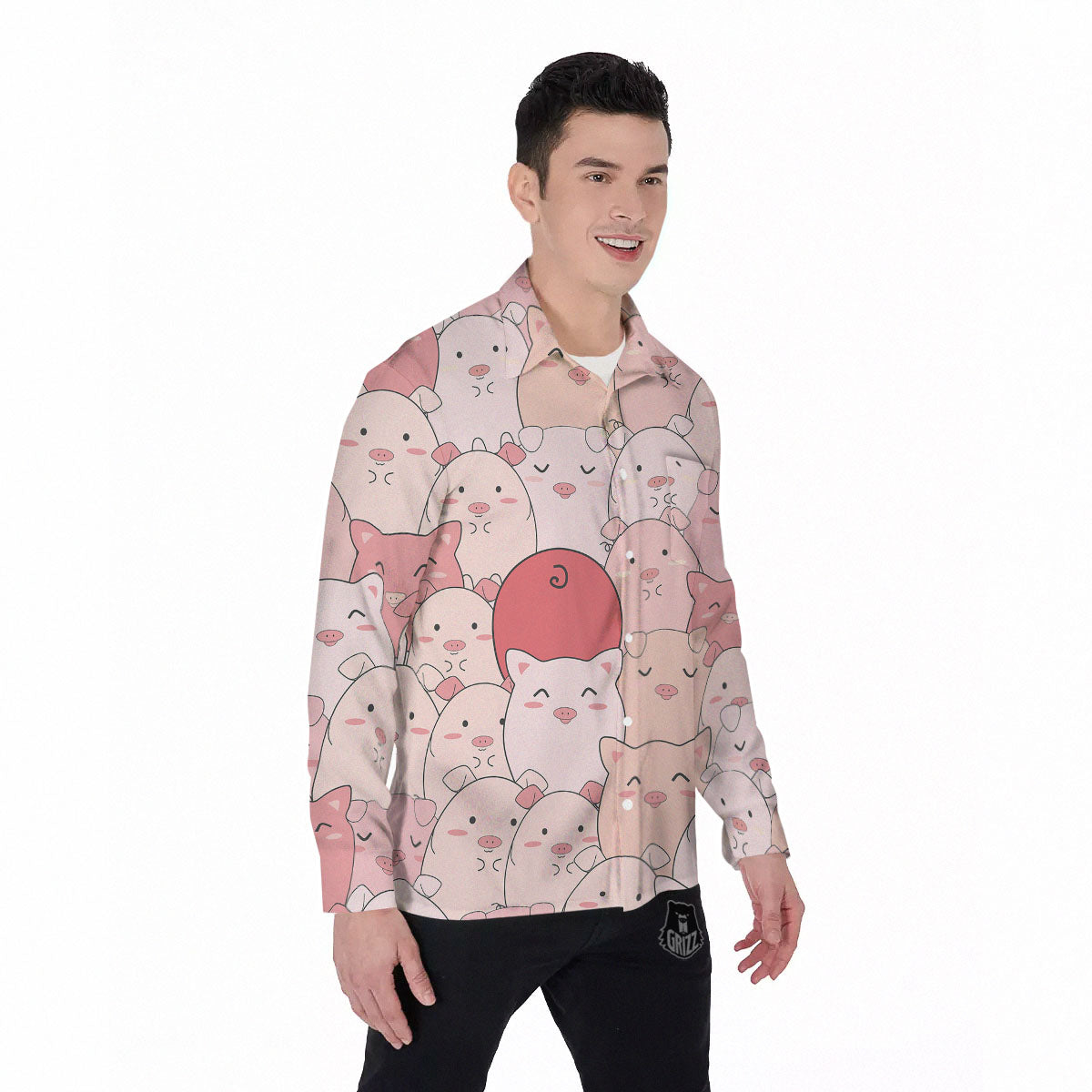 Pig Tail Pink Print Men's Long Sleeve Shirts-grizzshop