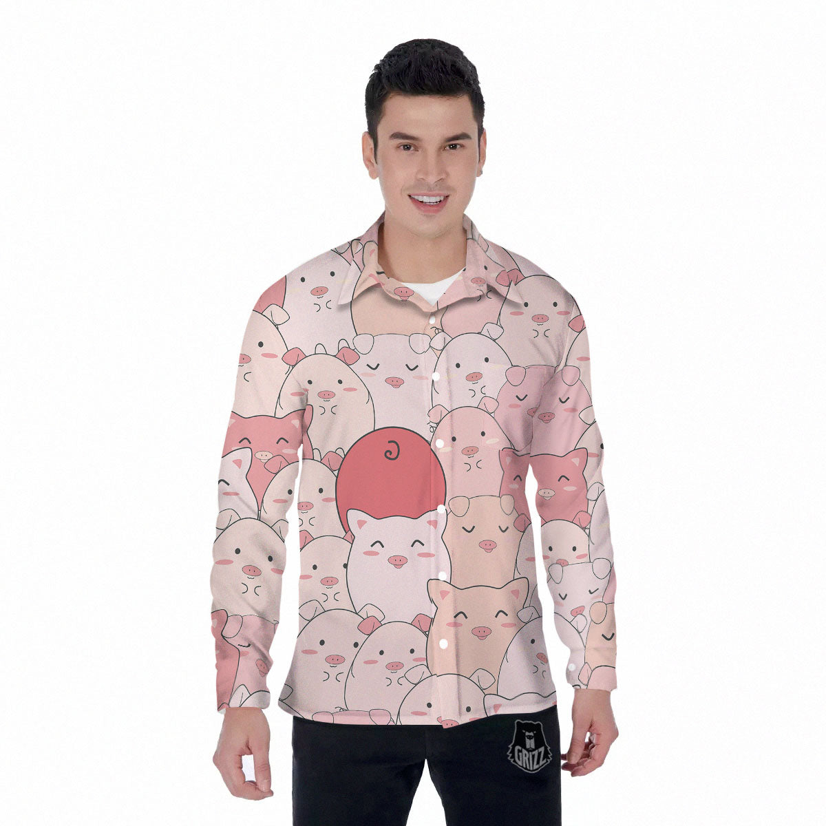 Pig Tail Pink Print Men's Long Sleeve Shirts-grizzshop