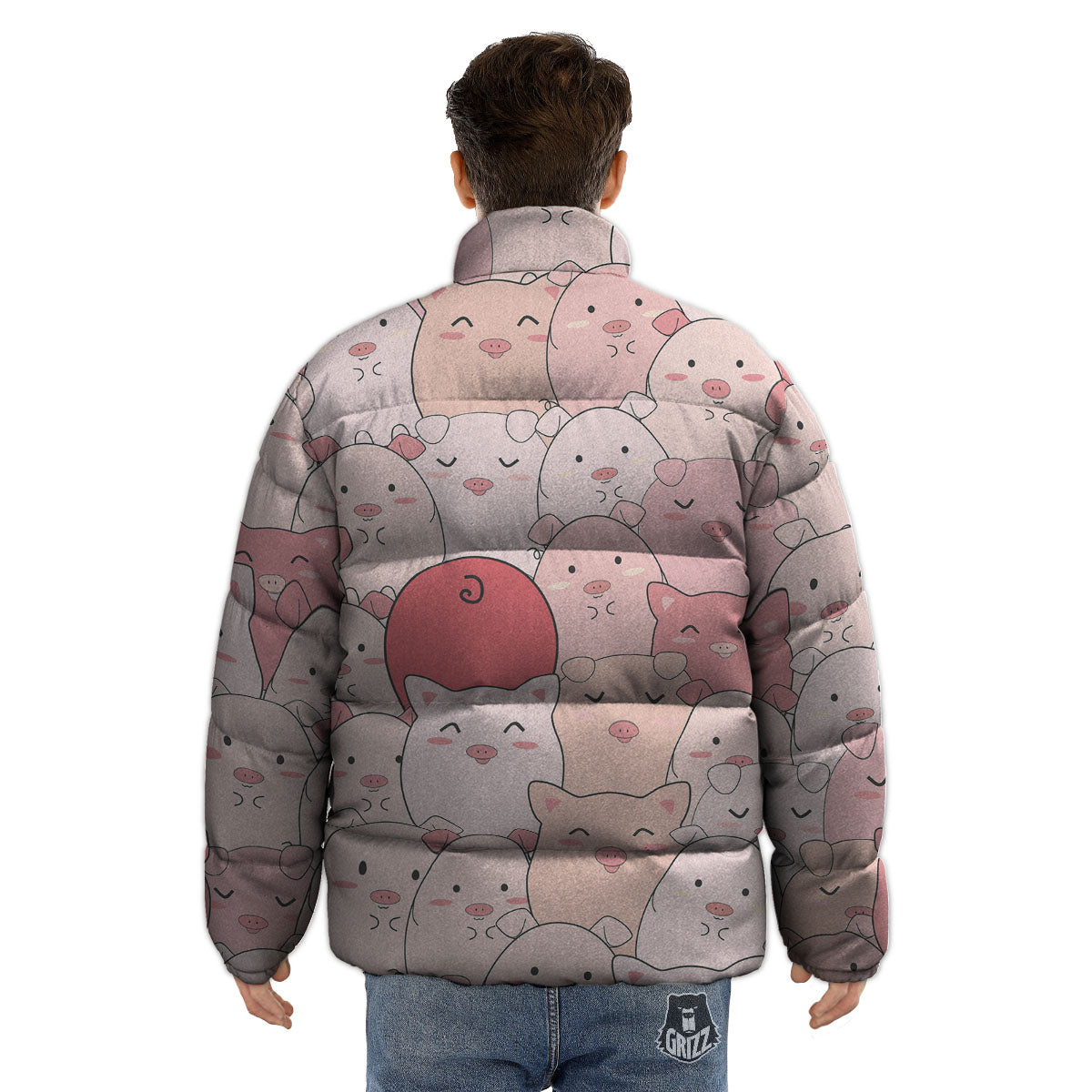 Pig Tail Pink Print Puffer Jacket-grizzshop