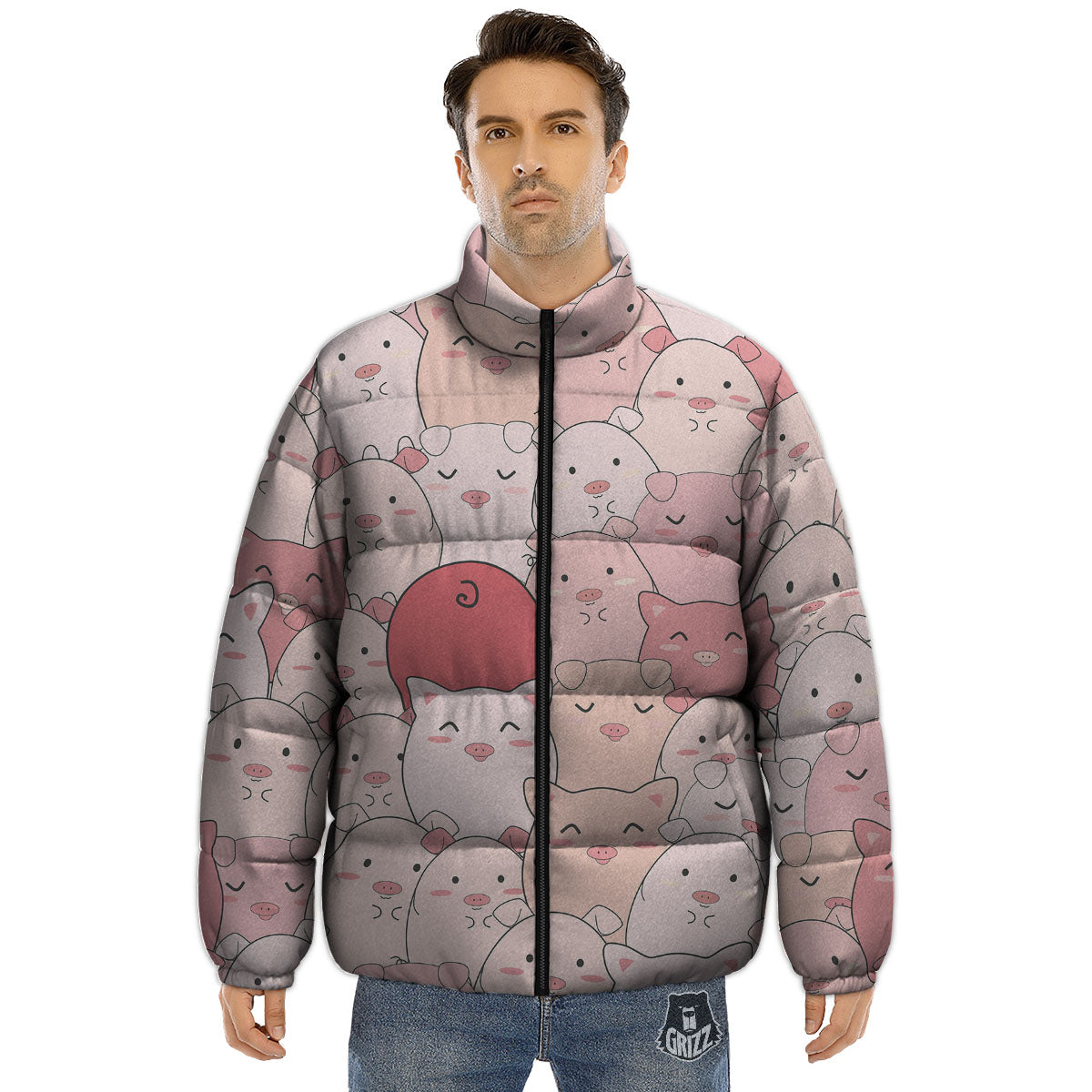 Pig Tail Pink Print Puffer Jacket-grizzshop