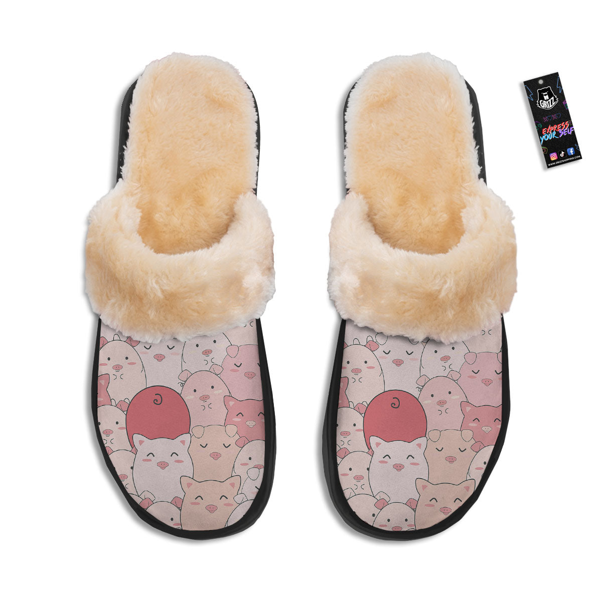 Pig Tail Pink Print Slippers-grizzshop