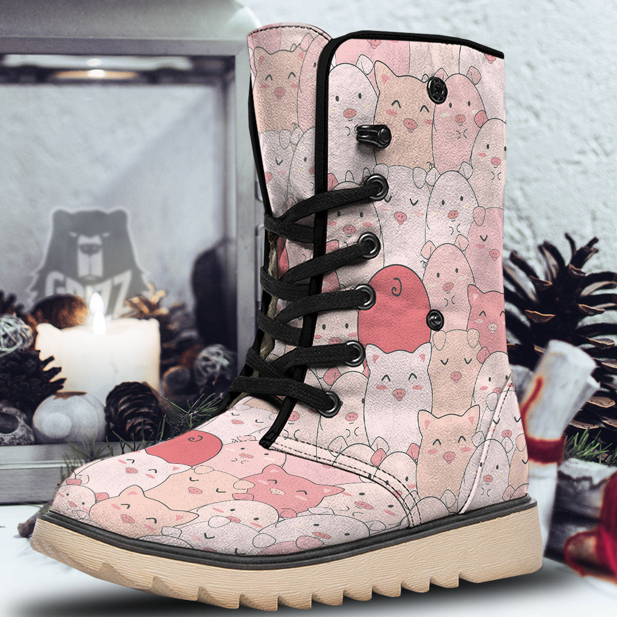 Pig Tail Pink Print Snow Boots-grizzshop