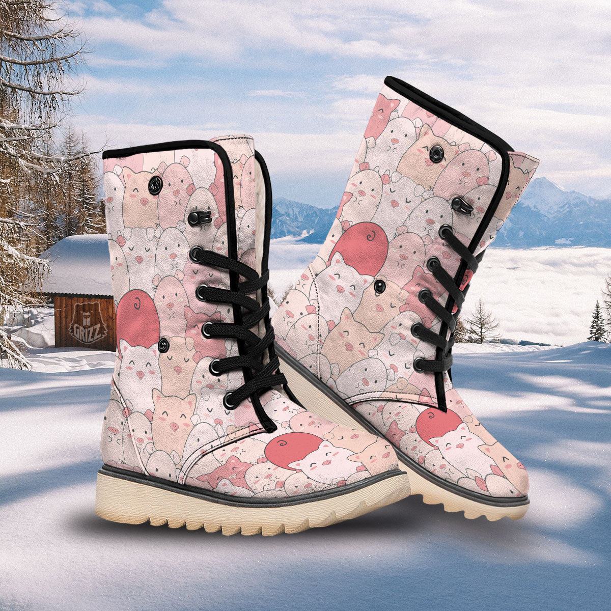 Pig Tail Pink Print Snow Boots-grizzshop