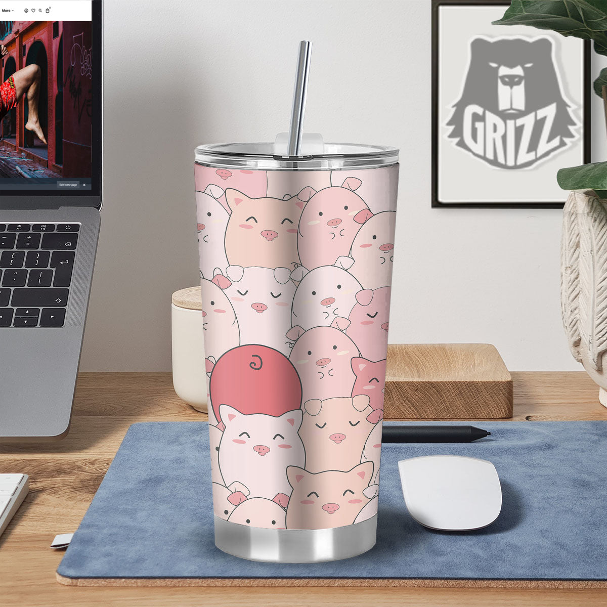 Pig Tail Pink Print Tumbler-grizzshop