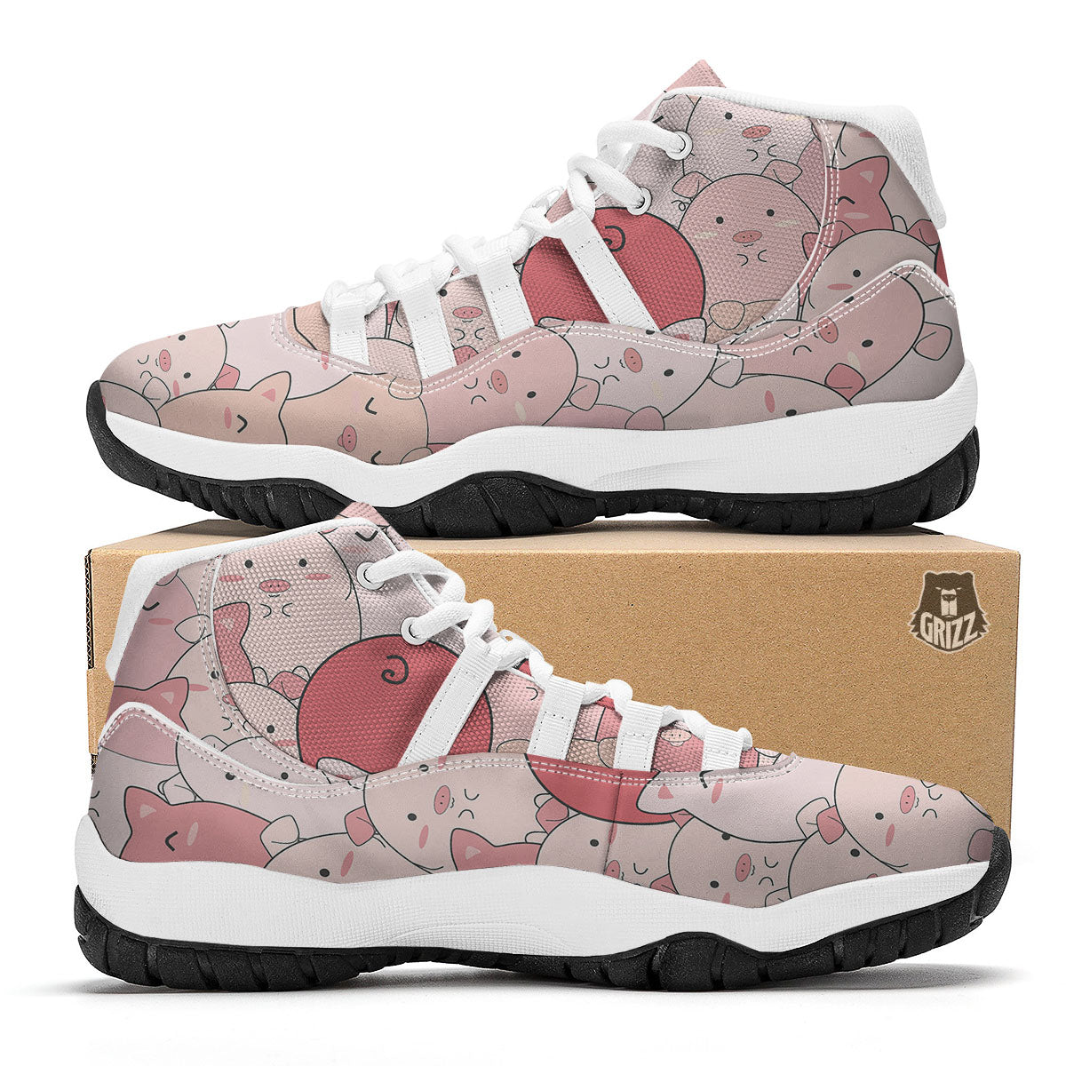 Pig Tail Pink Print White Bball Shoes-grizzshop