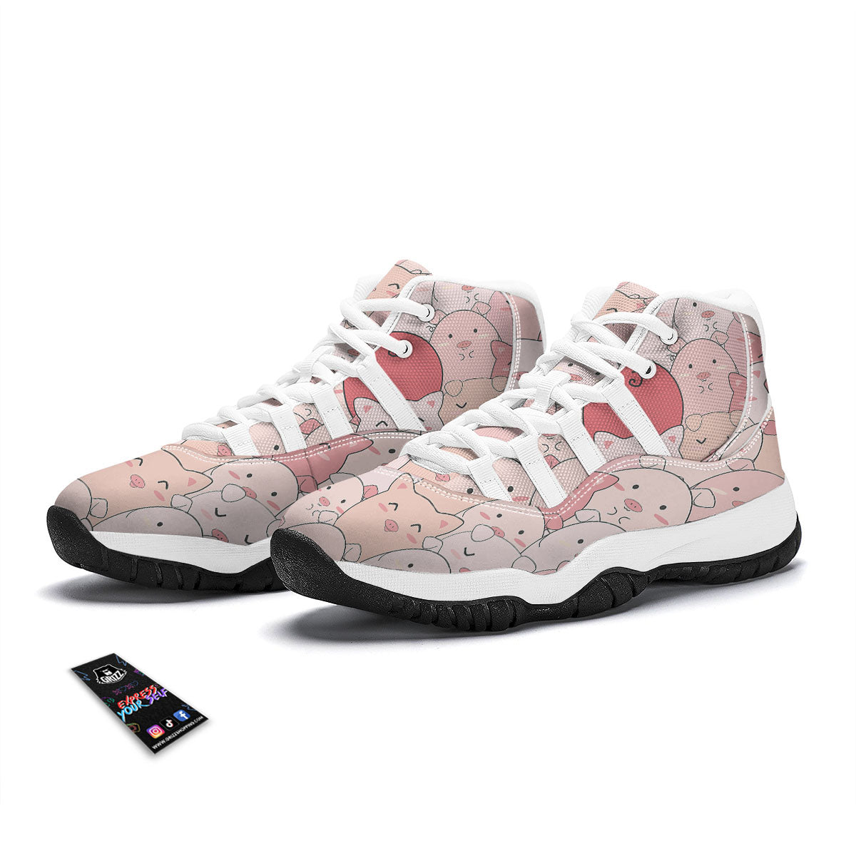Pig Tail Pink Print White Bball Shoes-grizzshop