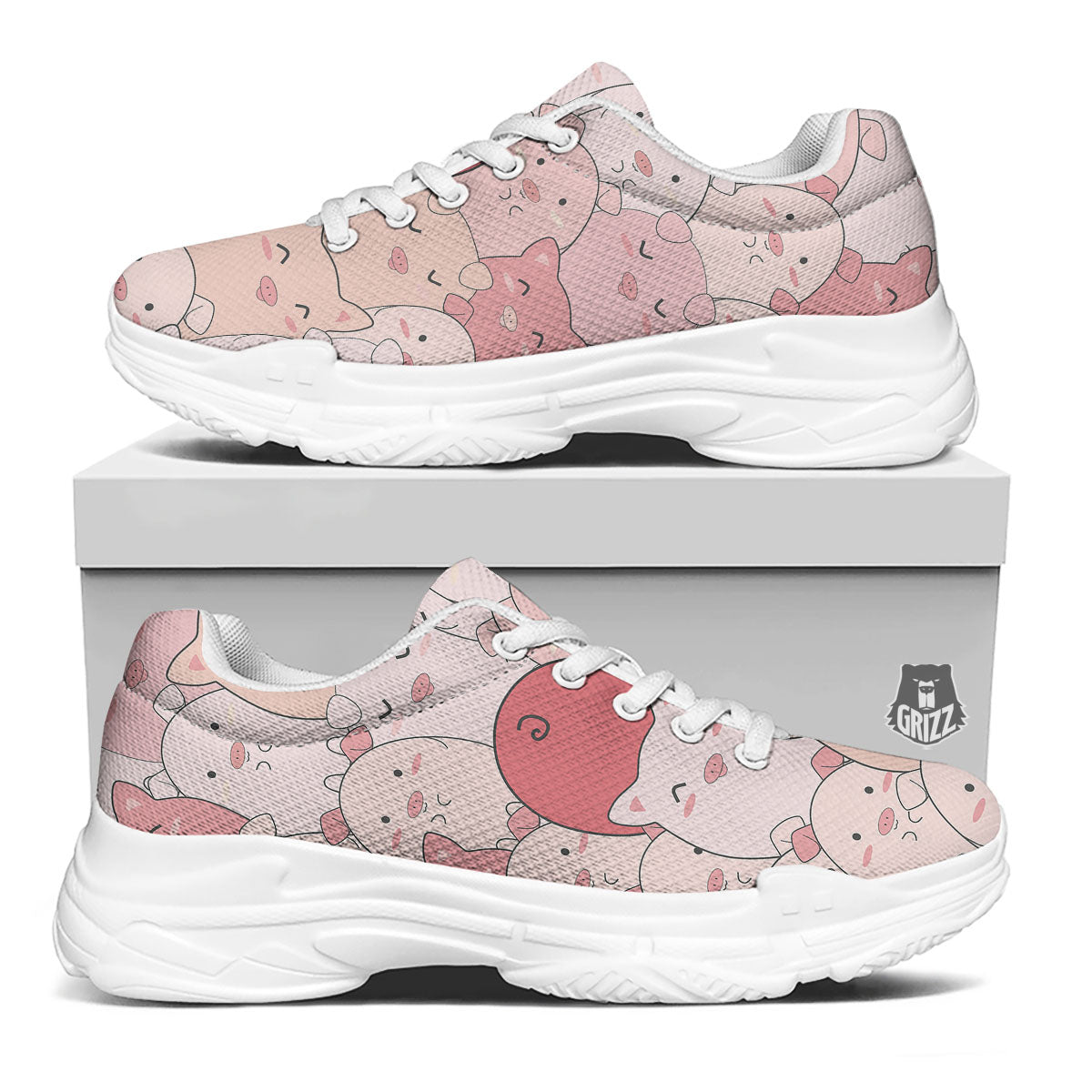 Pig Tail Pink Print White Chunky Shoes-grizzshop