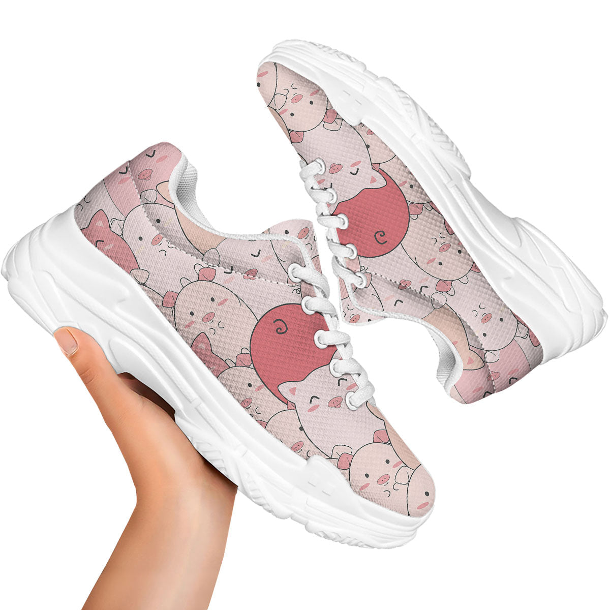Pig Tail Pink Print White Chunky Shoes-grizzshop